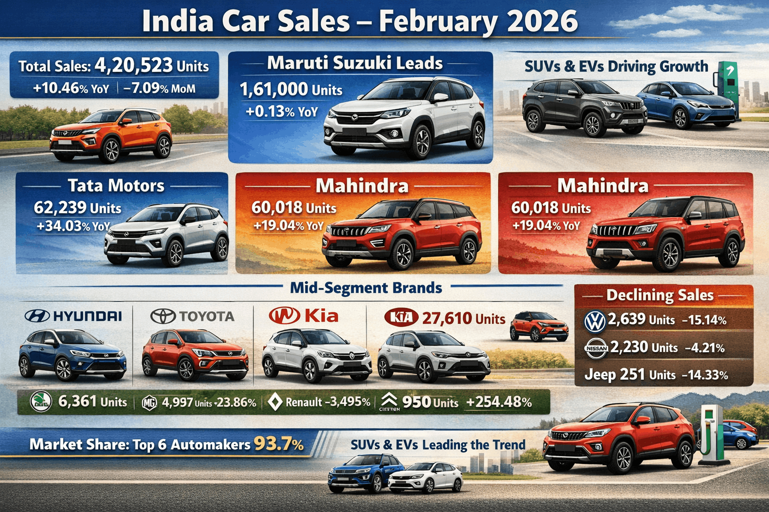 Car Sales in India – February 2026: Maruti Leads, Tata and Mahindra Record Strong Growth